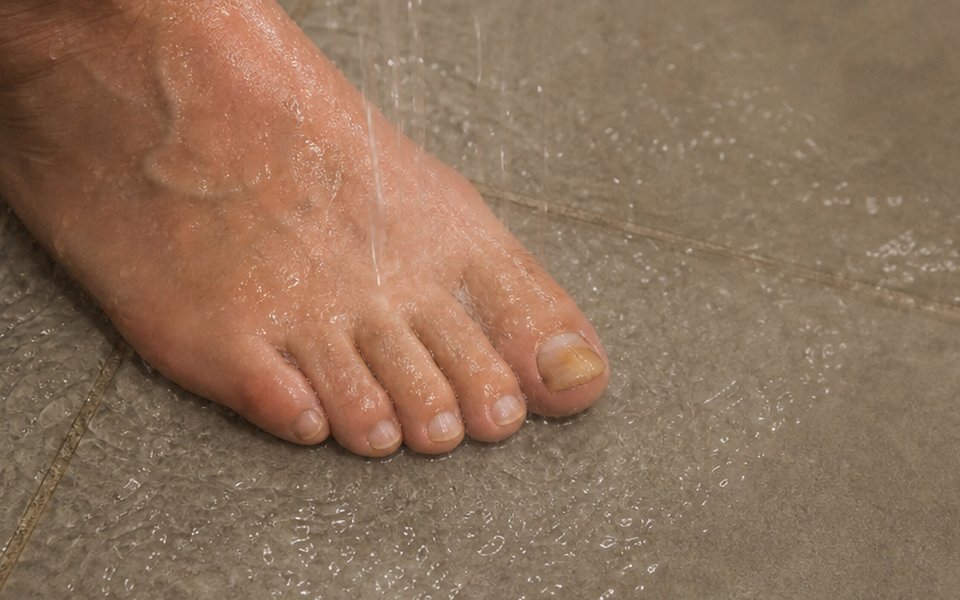 Bare foot in the shower with a yellowed, thickened big toenail